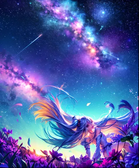 Describe a scene where a cute girl character is lying on a grassy hill, Looking up at the starry sky. Surround her with colorful nebulae and her favorite constellations.