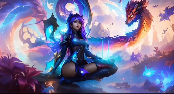 anime girl sitting on a rock with a dragon in the background, irelia, irelia de league of legends, ahri, samira de league of leg...