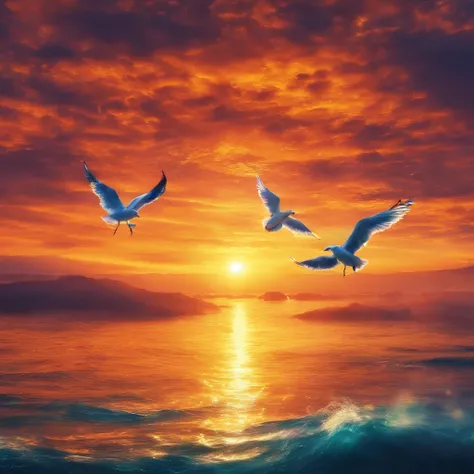 sunraise, suns, beam of light, Sunrise over the sea, the sea, seagulls, UHD, retina, masterpiece, ccurate, super detail, high details, high quality, award winning, best quality, highres, 16k