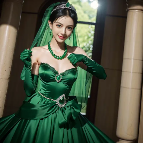 emerald tiara, Green Pearl Necklace, Boyish very short black hair, lipsticks, Japan woman smiling, very very short green hair, big breasts beautiful, Green eyes, Long green gloves made of satin material, Green eyes, Emerald earrings