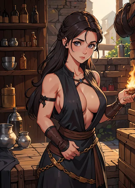 Um retrato de 1 mulher de cabelos castanhos, Shes a sexy blacksmith in a forge with cleavage and boobs, usando trajes medievais em um RPG de arte medieval, uma arte de detalhes brutos; ((cabelos muito longos)) ((pelos marrons)) ((cabelos castanhos)) ((perf...