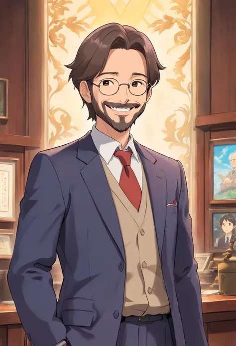 a 40 year old male prosecutor with shaved beard and have a brown hair half body and smiling