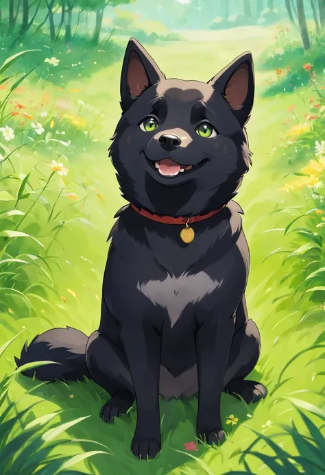 "A cute black Shiba Inu with a playful expression, sitting on a green grassy field."