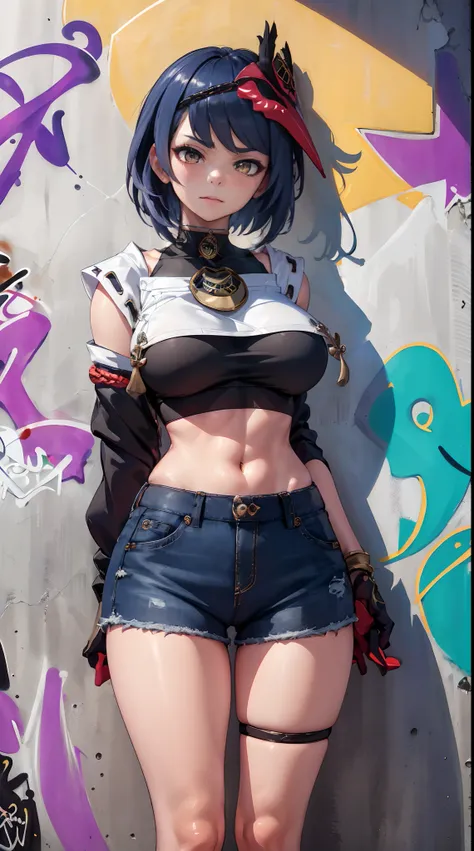 Kujou Sara Genshin Effect, masterpiece, bestquality, 1girls, oversized breasts, bara, crop top, shorts jeans, choker, (Graffiti:1.5), Splash with purple lightning pattern., arm behind back, against wall, View viewers from the front., Thigh strap, Head tilt...