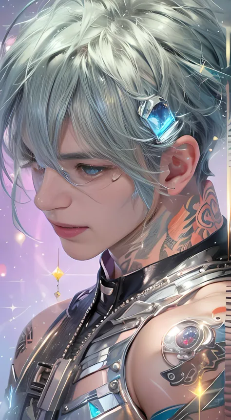 1 male, naked man, masculine, （enchanced quality：1.4），（Top quality true texture skin), Delicate face, Black hair, Gradient hair, blue hair,  Petite body,（perfect bodies：1.1）, There are precious stones on the forehead, rimless eyewears, Sparkling pupils，lon...