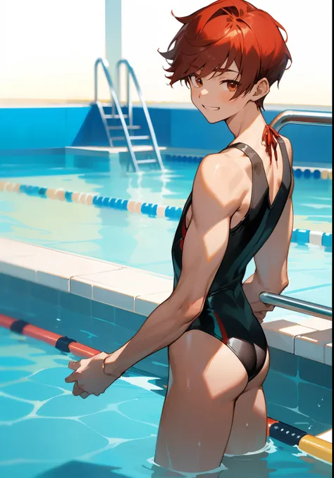 Anime boy in swimsuit standing in pool, High-cut swimwear, U-back swimsuit, rating:safe, solo, smile, Boy with short red hair, Boy standing by the pool, grin, looking_at_viewer, Show your ass, , Cool boy in black and red tank suit,A boy is looking back , c...