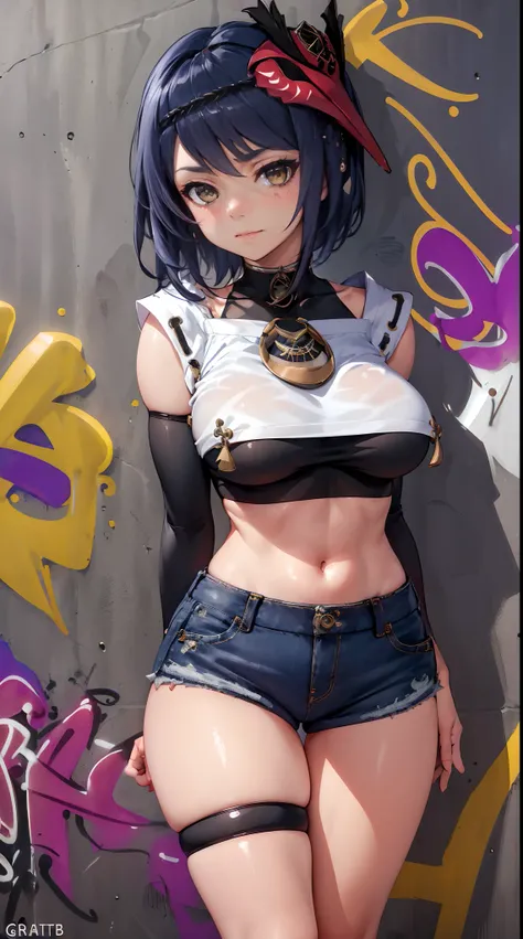 Kujou Sara Genshin Effect, masterpiece, bestquality, 1girls, oversized breasts, bara, crop top, shorts jeans, choker, (Graffiti:1.5), Splash with purple lightning pattern., arm behind back, against wall, View viewers from the front., Thigh strap, Head tilt...