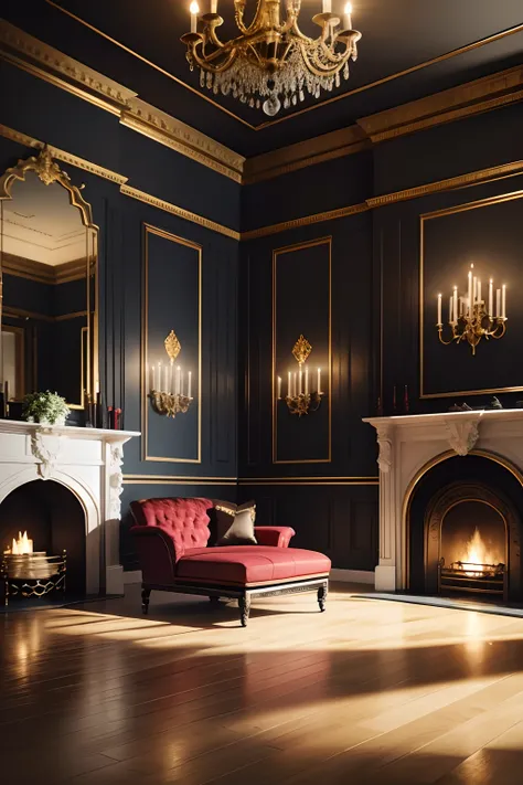 Imperial Gothic living room with fireplace, Black walls with gold and red decoration, An imperial-style sofa with crimson red upholstery and fine gold decoration, sillones estilo trono en las esquinas con tapizado rojo, pisos de marmol rojo y negro y una g...