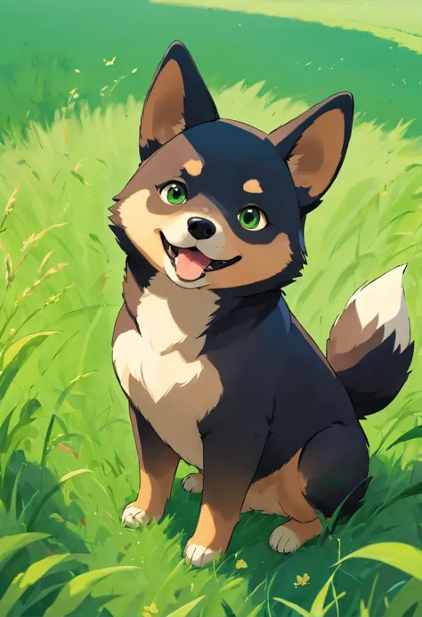 "A cute black Shiba Inu with a playful expression, sitting on a green grassy field."