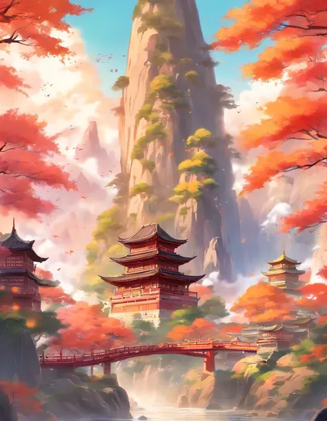 There is a painting，The painting depicts dreamy landscape art, Zen temple background, Oriental fantasy, landscape artwork, Temple background, background artwork, dreamy scenes, Detailed scenery —width 672, dreamy Chinese towns, oriental wallpaper, Chinese ...