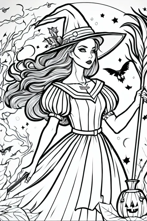 a black and white drawing of a witch with a broom, beautiful witch female, beautiful witch spooky female, coloring book outline, beautiful female witch, witch woman, classical witch, beautiful cowboy witch, black and white coloring, bold lineart, line art ...