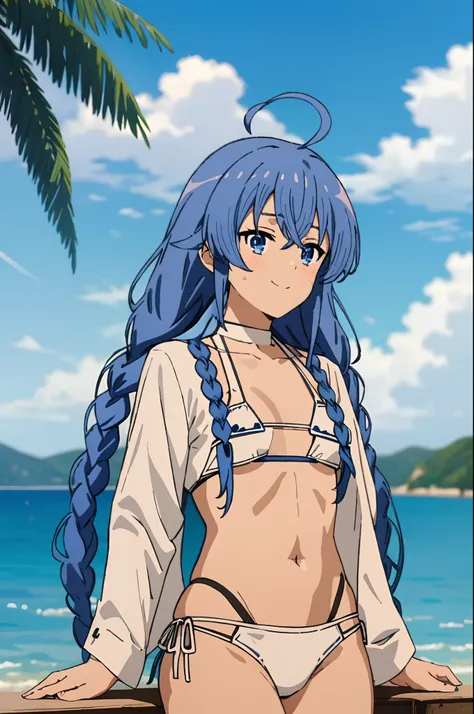 (masterpiece, best quality,), Roxy, 1girl, solo, light smile, light blush, twin braids, long hair, blue hair, ahoge, blue eyes, (((bikini))), (((white bikini))), small breasts, completely undressed, upper body, standing, looking at the viewer, sea