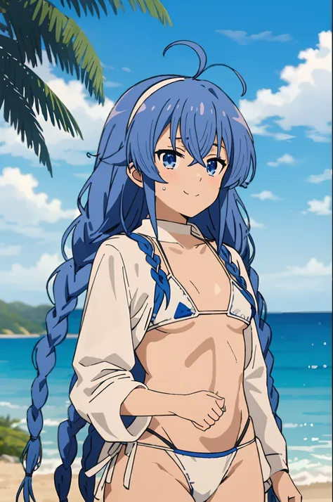 (masterpiece, best quality,), Roxy, 1girl, solo, light smile, light blush, twin braids, long hair, blue hair, ahoge, blue eyes, (((bikini))), (((white bikini))), small breasts, completely undressed, upper body, standing, looking at the viewer, sea