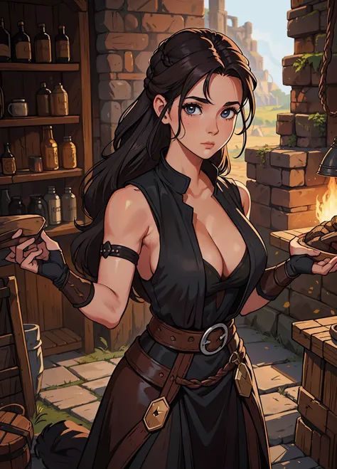 Um retrato de 1 mulher de cabelos castanhos, Shes a sexy blacksmith in a forge with cleavage and boobs, usando trajes medievais em um RPG de arte medieval, uma arte de detalhes brutos; ((cabelos muito longos)) ((pelos marrons)) ((cabelos castanhos)) ((perf...