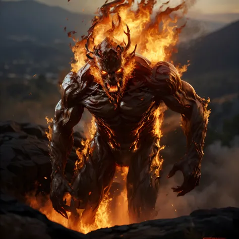 highly detailed photo of fire elemental:1.2 burning up a countryside, ((full body)), realistic, depth of field, blurry background, photorealistic, cinematic photography, edge lighting,