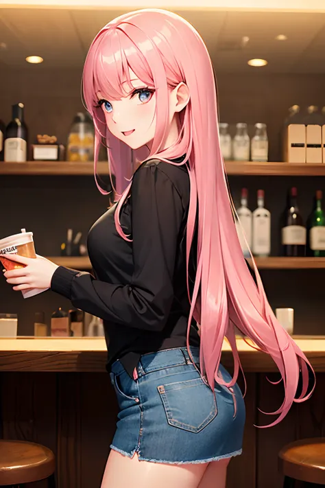 Snack Woman、Woman working in a bar、well-styled、ren、Beautiful fece、sexy dress、、Skin Jean Miniskirt, Long pink hair, Looking at the viewer, Front view,