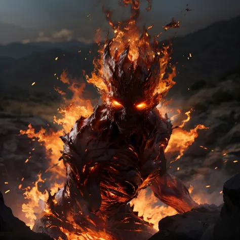 highly detailed photo of fire elemental:1.2 burning up a countryside, ((full body)), realistic, depth of field, blurry background, photorealistic, cinematic photography, edge lighting,