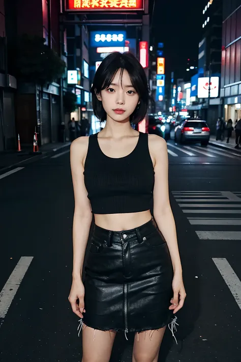 there is a woman standing on the side of the road, on rooftop tokyo night, chiho, in a tokyo street, in tokyo at night, in the city, in the streets of tokyo, in tokio, on future tokyo night rooftop, in neotokyo, wearing a cropped black tank top, in city st...