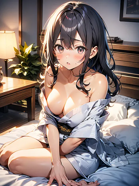 in 8K、top-quality、​masterpiece、ultra-detailliert、Ultra-high resolution、Anime style、(1人の女性)、natta、darkened room、On the futon、fullnude、Hakata yukata、Wide open chest、bare shoulders​、embarrassed from、Red face