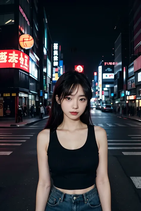 there is a woman standing on the side of the road, on rooftop tokyo night, chiho, in a tokyo street, in tokyo at night, in the city, in the streets of tokyo, in tokio, on future tokyo night rooftop, in neotokyo, wearing a cropped black tank top, in city st...