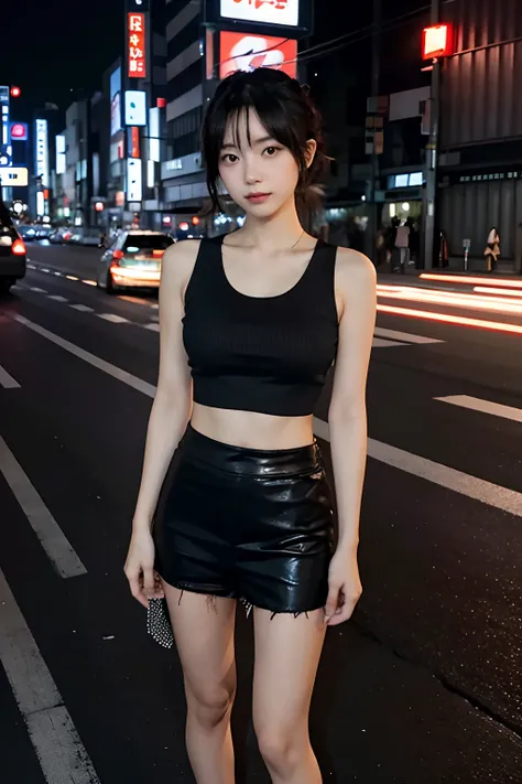 there is a woman standing on the side of the road, on rooftop tokyo night, chiho, in a tokyo street, in tokyo at night, in the city, in the streets of tokyo, in tokio, on future tokyo night rooftop, in neotokyo, wearing a cropped black tank top, in city st...