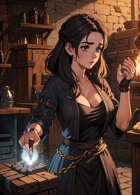 Um retrato de 1 mulher de cabelos castanhos, Shes a sexy blacksmith in a forge with cleavage and boobs, usando trajes medievais em um RPG de arte medieval, uma arte de detalhes brutos; ((cabelos muito longos)) ((pelos marrons)) ((cabelos castanhos)) ((perf...