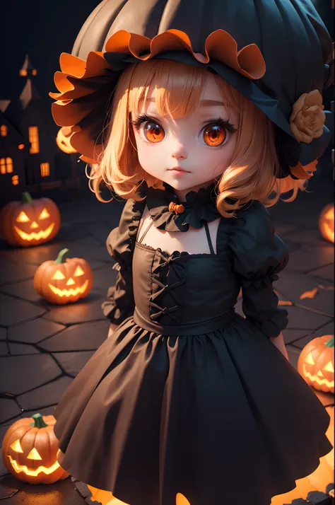 A cute little character in light 3D with a front, Halloween cartoon, cute pumpkin head, black smoke Halloween background, trick or treat, 4k quality