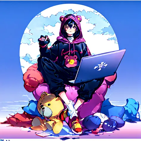 Anime character sitting on laptop and teddy bear chair, anime moe art style, Top Rated on pixiv, pixiv style, anime peripheral, In pixiv, High quality anime art style, high quality fan art, pixiv, anime style 4 k, Digital art at Pixiv, Megumin, trending in...