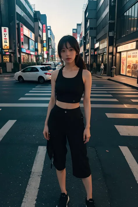 there is a woman standing on the side of the road, on rooftop tokyo night, chiho, in a tokyo street, in tokyo at night, in the city, in the streets of tokyo, in tokio, on future tokyo night rooftop, in neotokyo, wearing a cropped black tank top, in city st...