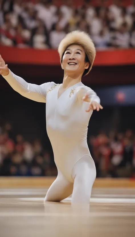 President of Japan, dictator, a smile, Looking directly at the lens, at centre, Very bright colors, light Particle, with light glowing, Mushiv, Ultra-realistic portrayal of a sad man, Standing with one leg raised high, Glossy pure white rhythmic gymnastics...