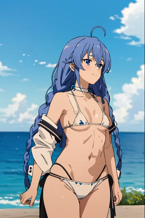 (masterpiece, best quality,), Roxy, 1girl, solo, light smile, light blush, twin braids, long hair, blue hair, ahoge, blue eyes, (((bikini))), (((white bikini))), small breasts, completely undressed, upper body, standing, looking at the viewer, sea