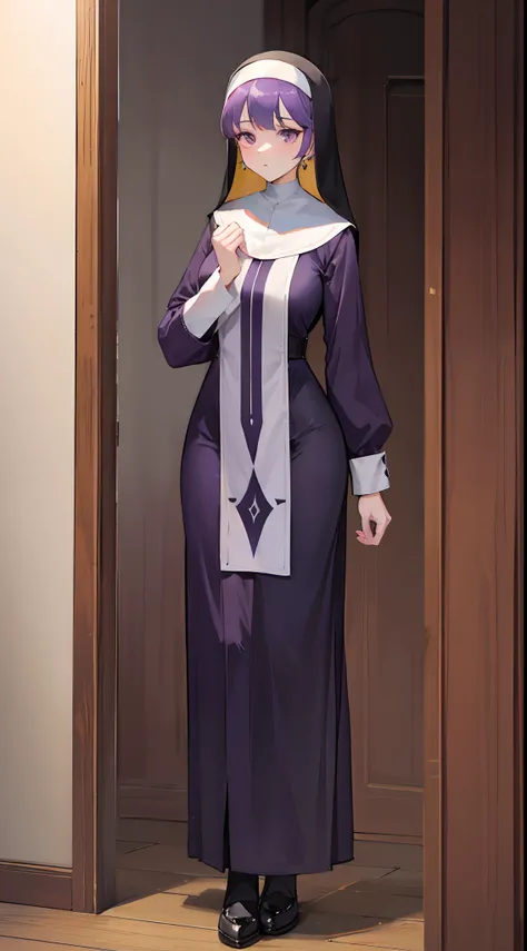 a mature female，lewd nun，Purple earrings，Bobo hair style，stand posture，Full body like