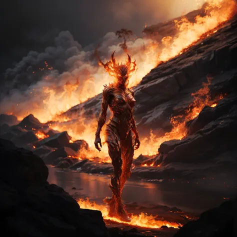 highly detailed photo of fire elemental:1.2 burning up a countryside, ((full body)), realistic, depth of field, blurry backgroun...