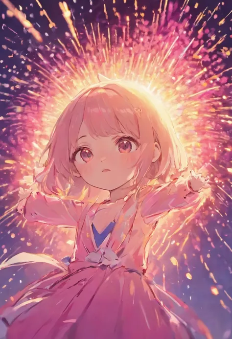 the night，in pink，Fireworks all over the sky，Heart-shaped bubbles，Child couple，comic strip，Chubby little girl and little boy hugging each other，Glowing fireflies fly around，，pretty and cute，Kids Illustration，glow effect，dingdall effect，depth of fields，high...