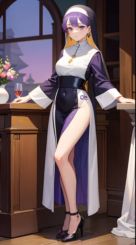 a mature female，lewd nun，Purple earrings，Bobo hair style，stand posture，Full body like