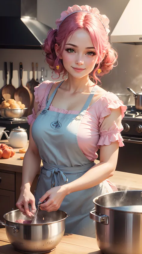 (a beautiful woman,cook),(bright light),(best quality,4k,highres,vivid colors),(realistic),(portraits),(natural,soft color palette),(studio lighting),(kitchen scene),fresh ingredients,focused expression,pots and pans,delicious aroma,pink apron,mesmerizing ...