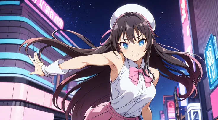 An anime girl with flawlessly expressive eyes, gracing the modern, neon-lit cityscape of a retro-futuristic metropolis at night, her captivating smile and confident demeanor accentuated by her daring attire, a pose that subtly reveals her armpit, the scene...