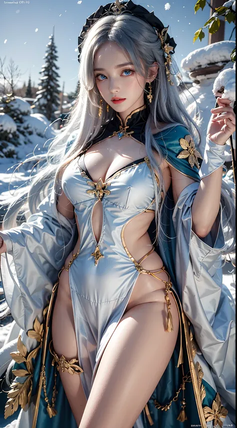 photorealistic, masterpiece, photorealistic, high resolution, soft light, hips up, (Lolita costume)，Gorgeous costumes，Face the audience，The upper part of the body，upper legs， beautidful eyes, White hair, ringed eyes, (outside，Heavy snowfall，Cloak，Cover wit...