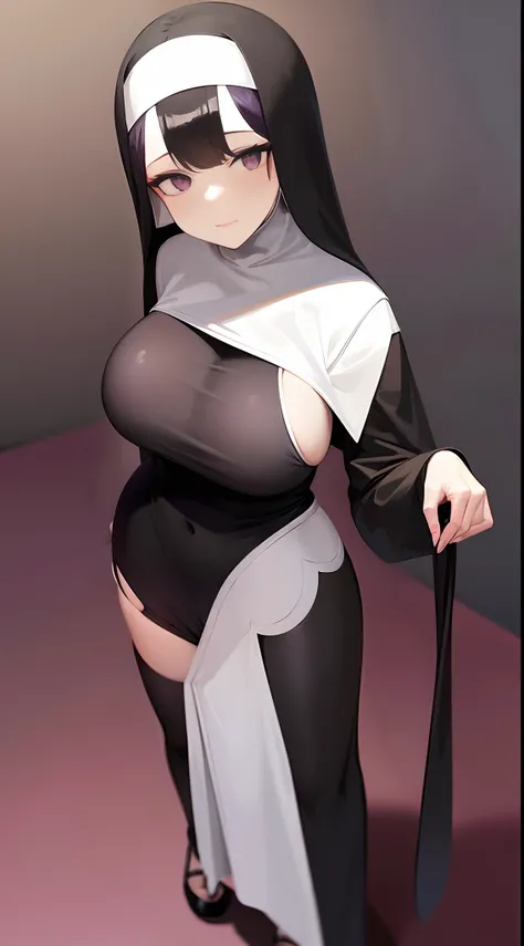 a mature female，lewd nun，Purple earrings，Bobo hair style，stand posture，Full body like