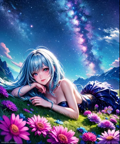 Describe a scene where a cute girl character is lying on a grassy hill, Looking up at the starry sky. Surround her with colorful nebulae and her favorite constellations.