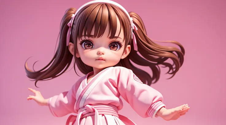 highly detailed 3D render of a cute brunette child girl with a white karate gi, high detailed textures, soft smooth textures, kids cartoon style, pink gradient background.