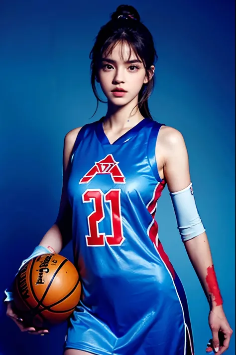 a woman in a blue dress holding a basketball ball, wearing basketball jersey, wearing nba jersey, blackpink jennie, wearing a volleyball jersey, emma watson as a tall nba player, lalisa manobal, jia, official fanart, promotional images, isabela moner, dilr...