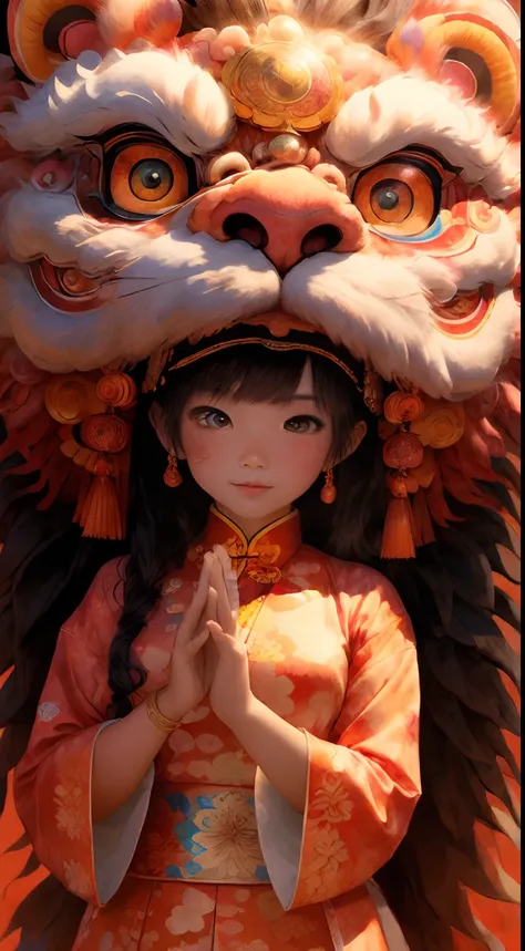 （tmasterpiece，top Quority，best qualtiy，offcial art，Beauty and aesthetics：1.2），1girll, Clear facial features，looks into camera, pretty eyes，Solo, lion dance，dynamicposes，Chinese clothes， Holding a delicate lions head, Brightly colored lions, Traditional Chi...