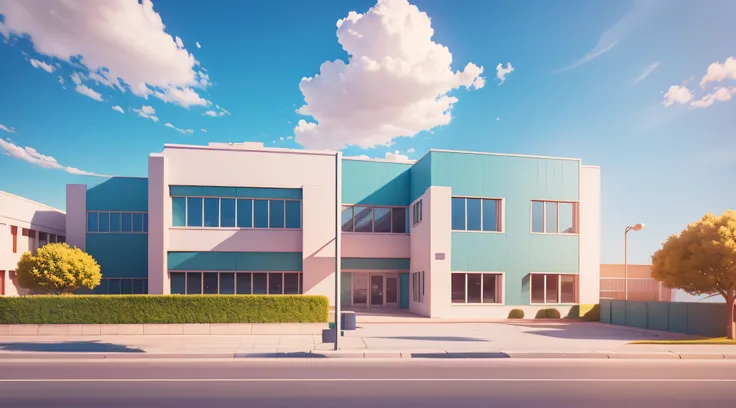 3D render cute front view of a school (outside), kids cartoon style, high detailed textures, soft smooth textures, colorful gradient in background.