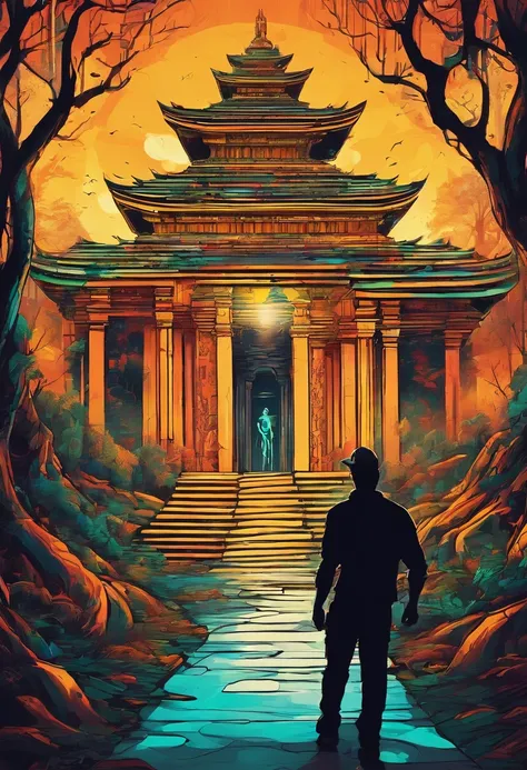 In the forest there is a glowing temple. and there was a man walking boldly and firmly into the temple.