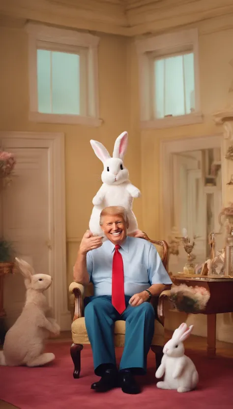 American President, old age, a smile but Shameful, Looking directly at the lens, at centre, Very bright colors, with light glowing, Standing with one leg raised high, , bedroom, pastel color, fluffy bunny ears, holding rabbit stuffed toy