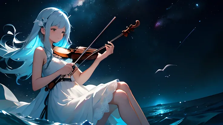 The deep darkness of the universe covers the sky、Stars floating there々is glowing quietly。The sea surface is calm、Splashes of water shimmer around the girl。Girl wearing a white dress、Holding the violin gracefully。Her music resonates in space and in the ocea...