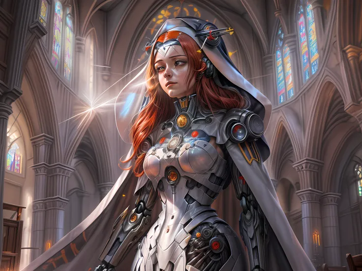 a oil fresco of a (mecha woman nun: 1.3) praying in church, full body, an exquisite beautiful (ultra detailed, Masterpiece, best quality) mecha woman nun, dynamic angle (best detailed, Masterpiece, best quality), best detailed face, ultra feminine, red hai...