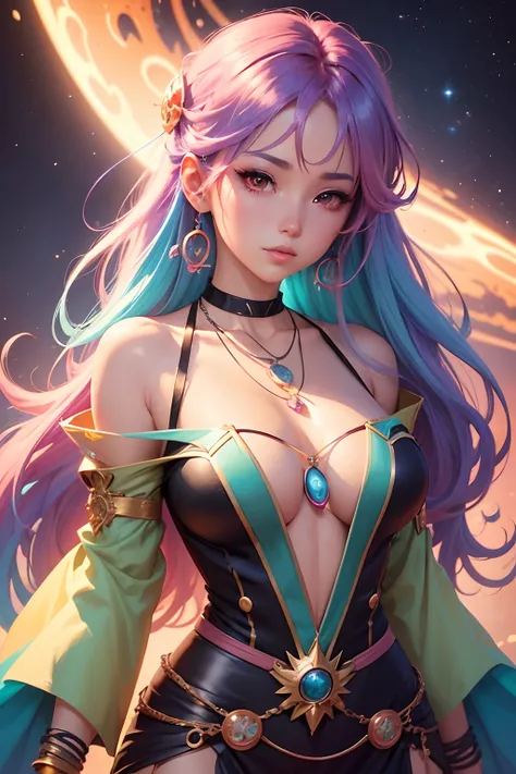 a close up of a woman with colorful hair and a necklace, anime girl with cosmic hair, rossdraws pastel vibrant, artwork in the style of guweiz, fantasy art style, colorful]”, vibrant fantasy style, rossdraws cartoon vibrant, cosmic and colorful, guweiz, co...