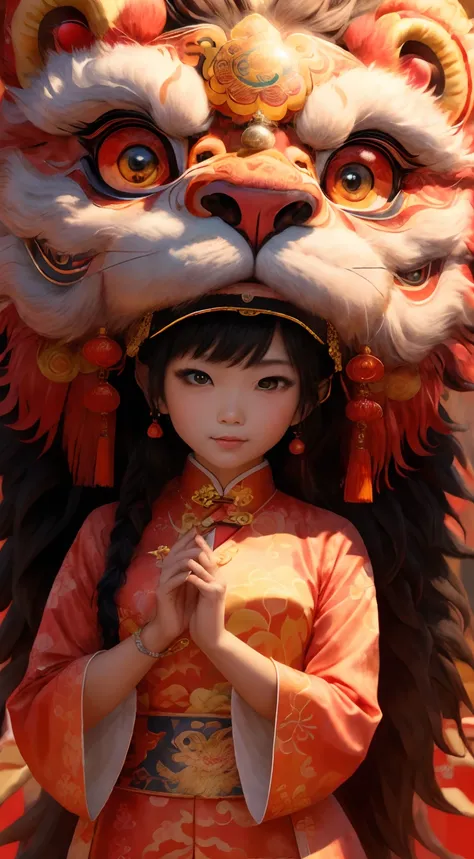 （tmasterpiece，top Quority，best qualtiy，offcial art，Beauty and aesthetics：1.2），1girll, Clear facial features，looks into camera, pretty eyes，Solo, lion dance，dynamicposes，Chinese clothes， Holding a delicate lions head, Brightly colored lions, Traditional Chi...